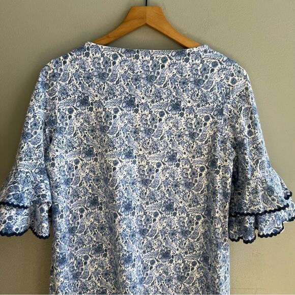 Duffield Lane Floral Blue Top with Ruffle Sleeves Tiered Ribbon Trim Medium - Picture 5 of 9